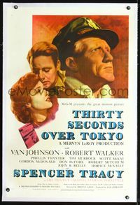 4p400 THIRTY SECONDS OVER TOKYO linen 1sh '44 art of pilot Spencer Tracy, Robert Walker & Thaxter!