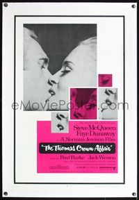 4p401 THOMAS CROWN AFFAIR linen 1sh '68 best kiss close up of Steve McQueen & sexy Faye Dunaway!