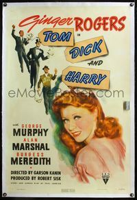4p414 TOM, DICK & HARRY linen 1sh '41 c/u art of pretty Ginger Rogers + Murphy, Marshal & Meredith!