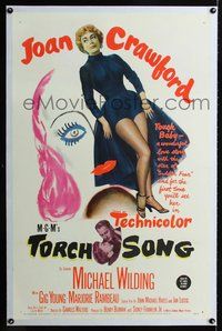 4p416 TORCH SONG linen 1sh '53 unusual art of tough baby Joan Crawford + full-length image!