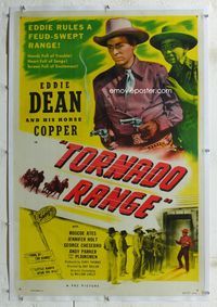 4p417 TORNADO RANGE linen 1sh '48 singing cowboy Eddie Dean fights frontier feuders with two guns!