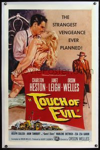 4p418 TOUCH OF EVIL linen 1sh '58 art of Orson Welles, Charlton Heston & Janet Leigh by Bob Tollen!