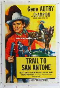 4p419 GENE AUTRY stock linen 1sh '53 Gene Autry w/guitar & riding Champion, Trail to San Antone!