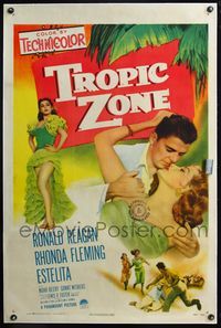 4p427 TROPIC ZONE linen 1sh '53 great art of Ronald Reagan romancing Rhonda Fleming + sexy Estelita!