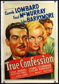4p428 TRUE CONFESSION linen 1sh '37 c/u art of Carole Lombard, Fred MacMurray & John Barrymore!