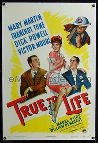 4p429 TRUE TO LIFE linen 1sh '43 art of sexy redhead Mary Martin, Dick Powell & Franchot Tone!