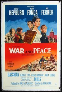 4p439 WAR & PEACE linen 1sh '56 art of Audrey Hepburn, Henry Fonda & Mel Ferrer, Leo Tolstoy epic!