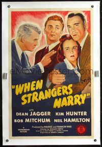 4p446 WHEN STRANGERS MARRY linen 1sh '44 young Robert Mitchum, Kim Hunter with crazy husband!