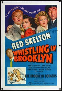 4p447 WHISTLING IN BROOKLYN linen D 1sh '43 Red Skelton & art of Brooklyn Dodgers baseball players!