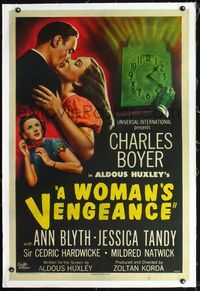 4p455 WOMAN'S VENGEANCE linen 1sh '47 Charles Boyer, Jessica Tandy, Ann Blyth, by Aldous Huxley!