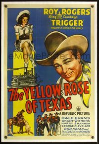 4p460 YELLOW ROSE OF TEXAS linen 1sh '44 great art of smiling Roy Rogers & sexiest Dale Evans!