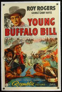 4p463 YOUNG BUFFALO BILL linen 1sh '40 cool artwork of Roy Rogers, Gabby Hayes & Chief Thundercloud!