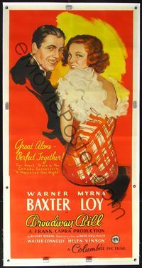 4r070 BROADWAY BILL linen B 3sh '34 Frank Capra classic, best art of Warner Baxter & sexy Myrna Loy!