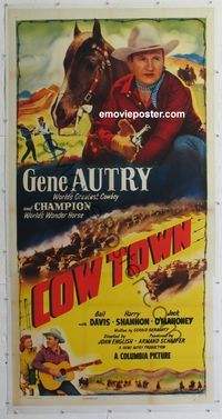 4r077 COW TOWN linen 3sh '50 cowboy Gene Autry riding Champion, they foil rustlers with barbed wire!