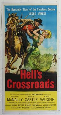 4r085 HELL'S CROSSROADS linen 3sh '57 McNally as Jesse James on horse picking up sexy Peggy Castle!