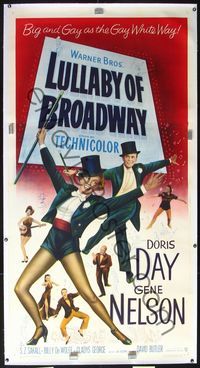 4r090 LULLABY OF BROADWAY linen 3sh '51 art of Doris Day & Gene Nelson dancing in top hat and tails!