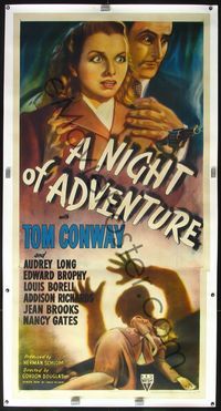 4r093 NIGHT OF ADVENTURE linen 3sh '44 art of Tom Conway & Audrey Long w/smoking gun + dead victim!