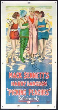 4r098 PICKING PEACHES linen 3sh '24 stone litho of Harry Langdon & beach babes in his first movie!