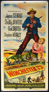 4r120 WINCHESTER '73 linen 3sh '50 art of James Stewart with rifle standing over Shelley Winters!