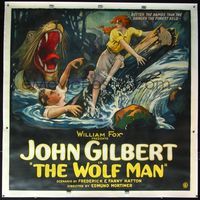 4r006 WOLF MAN linen 6sh '24 stone litho of Norma Shearer & John Gilbert in river rapids by wolf!