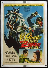 4r377 IL SOGNO DI ZORRO linen Argentinean '52 cool art of masked Vittorio Gassman on rearing horse!