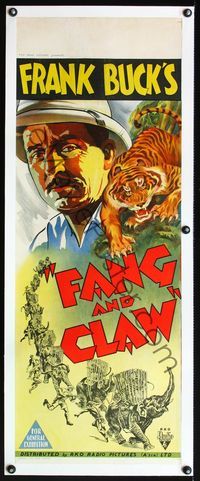4r138 FANG & CLAW linen long Aust daybill '35 cool art of explorer Frank Buck with snarling tiger!