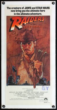4r145 RAIDERS OF THE LOST ARK linen Aust daybill '81 great art of Harrison Ford by Richard Amsel!