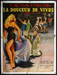 4r351 LA DOLCE VITA linen French 1p '61 Federico Fellini, art of sexiest Anita Ekberg by Yves Thos!