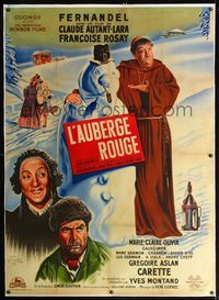 4r361 RED INN linen French 1p '51 L'Auberge Rouge, wacky art of Fernandel & snowman by Francois!