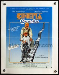 4r236 CINEMA PARADISO linen French 16x21 '89 Giuseppe Tornatore,Philippe Noiret & young boy on bike!