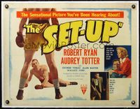 4r040 SET-UP linen style B 1/2sh '49 great image of boxer Robert Ryan knocked to the ground!