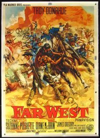 4r332 DISTANT TRUMPET linen Italian 2p '64 art of Troy Donahue & his men fighting Indians, Far West!