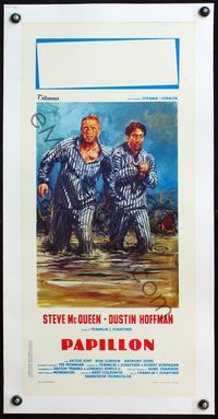 4r260 PAPILLON linen Italian locandina R1970s different art of Steve McQueen & Dustin Hoffman in swamp!