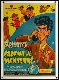 4r393 CADENA DE MENTIRAS linen Mexican poster '55 great wacky cartoon art of comedian Resortes!