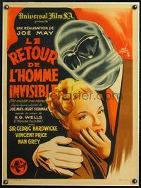 4r398 INVISIBLE MAN RETURNS linen French 23x31 '47 art of Vincent Price bandaged by Rene Lefebvre!