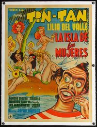 4r399 LA ISLA DE LAS MUJERES linen Mexican poster '53 Tin-Tan on island with sexy babes by Urzaiz!
