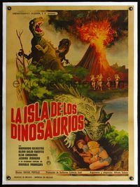 4r400 LA ISLA DE LOS DINOSAURIOS linen Mexican poster '66 cool art of T-Rex & sexy babes by volcano!