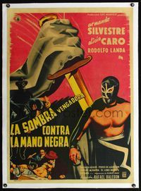 4r402 LA SOMBRA VENGADORA CONTRA LA MANO NEGRA linen Mexican poster '56 cool art of masked wrestler!