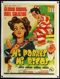 4r404 NI POBRES NI RICOS linen Mexican poster '53 wacky art of Gloria Marin & prisoner Abel Salazar!