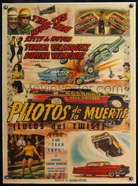 4r406 PILOTOS DE LA MUERTE linen Mexican poster '62 Tin-Tan & Resortes demolition derby by Aguirrtez