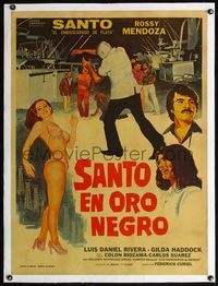 4r408 SANTO EN ORO NEGRO linen Mexican poster '75 art of masked wrestler + sexy near-naked dancer!