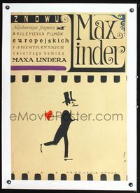4r212 LAUGH WITH MAX LINDER linen Polish 23x33 '65 cool art of man in tux & top hat by Jerzy Flisak!