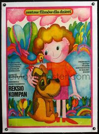 4r215 REKSIO KOMPAN linen Polish 23x32 '77 cute artwork of boy & his dog by Hanna Bodnar!