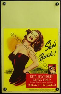 4s023 AFFAIR IN TRINIDAD WC '52 best art of sexiest Rita Hayworth laughing in low-cut dress!