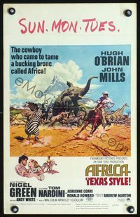 4s025 AFRICA - TEXAS STYLE WC '67 cool art of Hugh O'Brien lassoing zebra by stampeding animals!
