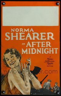 4s027 AFTER MIDNIGHT WC '27 wonderful close up art of pretty smiling Norma Shearer by cop's shadow!
