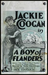 4s056 BOY OF FLANDERS WC '24 full-length close up of sad Dutch orphan Jackie Coogan by windmill!