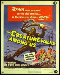 4s080 CREATURE WALKS AMONG US WC '56 Reynold Brown art of monster attacking by Golden Gate Bridge!