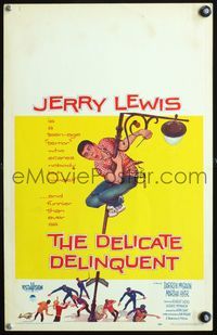 4s086 DELICATE DELINQUENT WC '57 wacky teen-age terror Jerry Lewis hanging from light post!