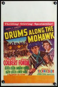 4s098 DRUMS ALONG THE MOHAWK WC '39 John Ford, art of Claudette Colbert & Henry Fonda with rifle!